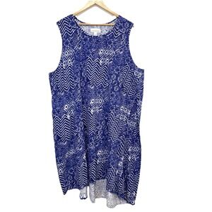 Stan Herman Cotton Shift Dress 3X Petite Blue Print Pockets Sleeveless Vacation